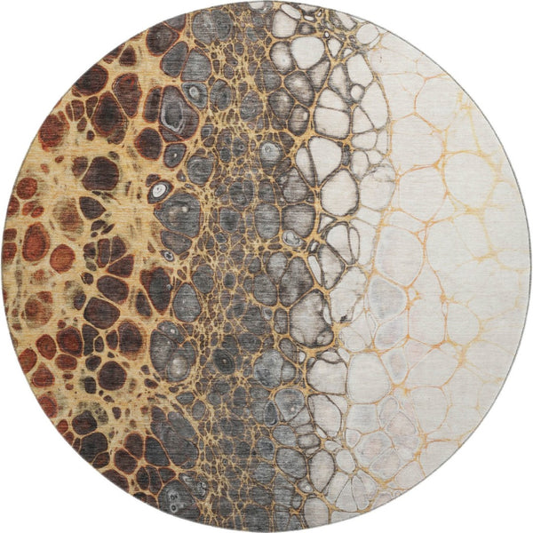 HomeRoots 8' Abstract Ivory Gray Gold Washable Round Rug - Durable, Stain-Resistant, UV Protected Design 657074