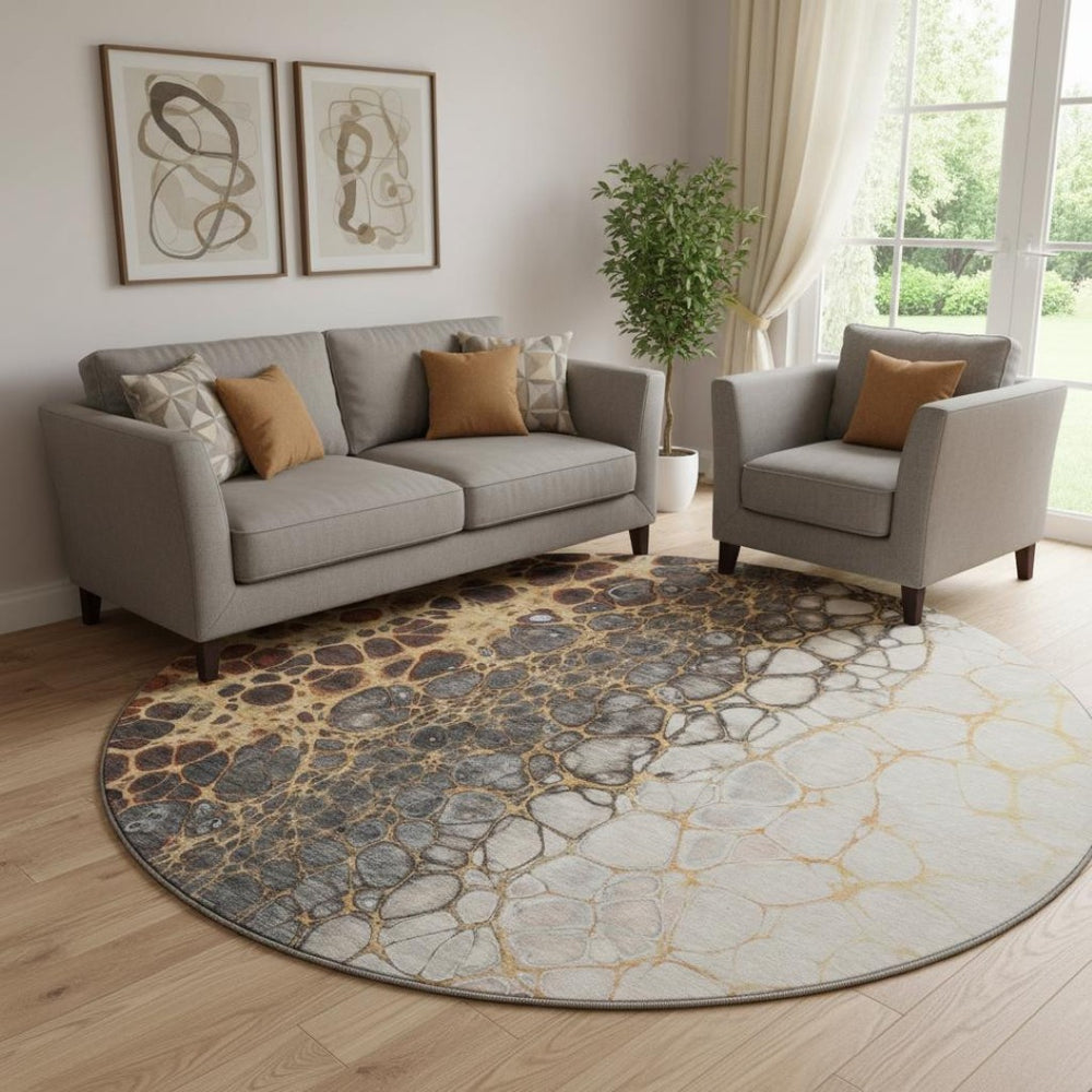 HomeRoots 8' Abstract Ivory Gray Gold Washable Round Rug - Durable, Stain-Resistant, UV Protected Design 657074