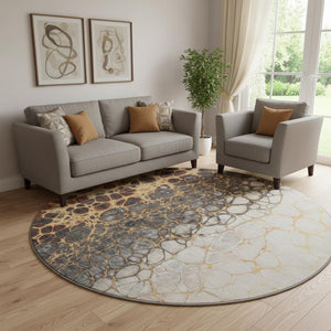 HomeRoots 8' Abstract Ivory Gray Gold Washable Round Rug - Durable, Stain-Resistant, UV Protected Design 657074