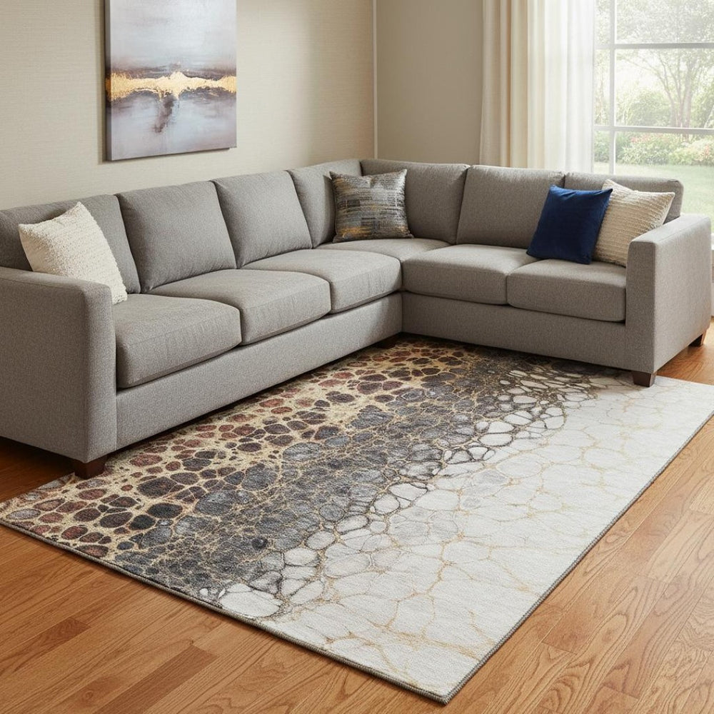 HomeRoots 8' X 10' Stylish Ivory Gray Gold Abstract Washable Area Rug - UV Protected & Pet-Friendly Design 657075