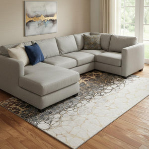 HomeRoots 9' X 12' Ivory Gray Gold Abstract Area Rug - Soft, Stain-Resistant, UV Protected for Modern Homes 657076