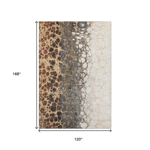 HomeRoots 10' Contemporary Ivory Gray & Gold Abstract Area Rug – Washable, UV Protected, Durable Design 657077