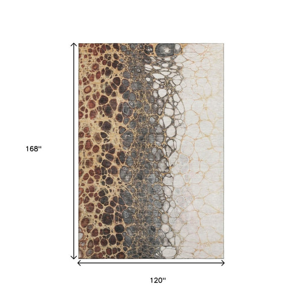 HomeRoots 10' Contemporary Ivory Gray & Gold Abstract Area Rug – Washable, UV Protected, Durable Design 657077