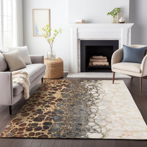 HomeRoots 10' Contemporary Ivory Gray & Gold Abstract Area Rug – Washable, UV Protected, Durable Design 657077