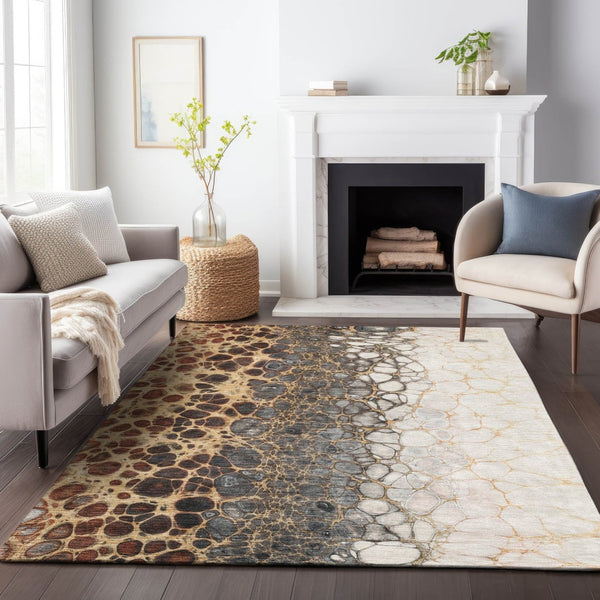 HomeRoots 10' Contemporary Ivory Gray & Gold Abstract Area Rug – Washable, UV Protected, Durable Design 657077