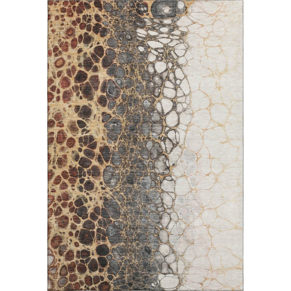 HomeRoots 10' Contemporary Ivory Gray & Gold Abstract Area Rug – Washable, UV Protected, Durable Design 657077