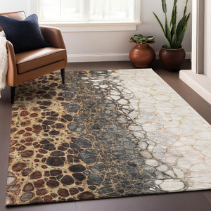 HomeRoots 10' Contemporary Ivory Gray & Gold Abstract Area Rug – Washable, UV Protected, Durable Design 657077