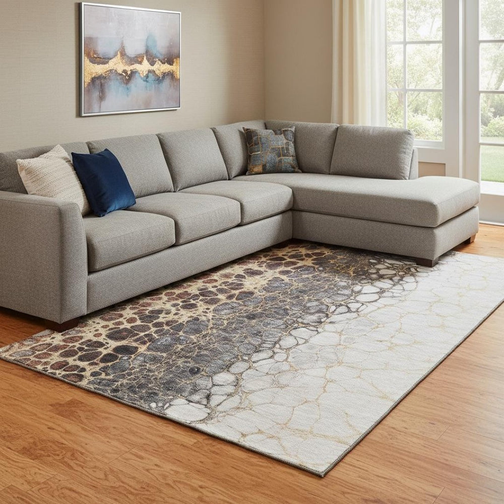 HomeRoots 10' Contemporary Ivory Gray & Gold Abstract Area Rug – Washable, UV Protected, Durable Design 657077