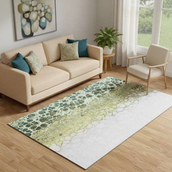 HomeRoots 5' X 8' Washable Olive Green Gold Ivory Abstract Area Rug with UV Protection for Modern Homes 657079