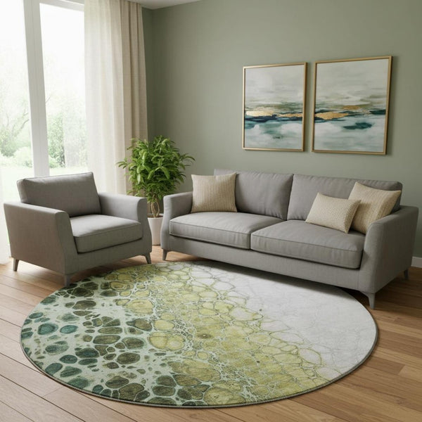 HomeRoots 8' Olive Green, Gold & Ivory Abstract Washable Round Rug - Durable, UV-Protected & Easy-Care Design! 657080