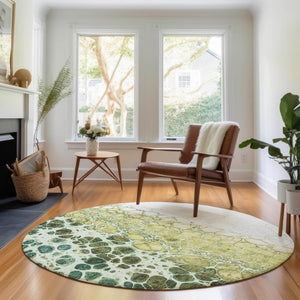 HomeRoots 8' Olive Green, Gold & Ivory Abstract Washable Round Rug - Durable, UV-Protected & Easy-Care Design! 657080