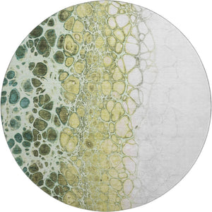 HomeRoots 8' Olive Green, Gold & Ivory Abstract Washable Round Rug - Durable, UV-Protected & Easy-Care Design! 657080