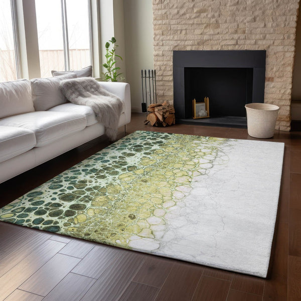 HomeRoots 8' X 10' Olive Green, Gold & Ivory Abstract Area Rug - Washable, UV-Protected, Stylish & Durable! 657081
