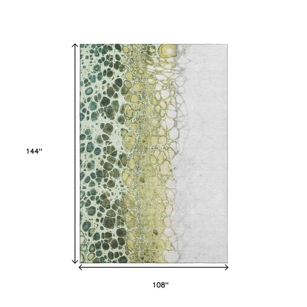 HomeRoots 9' X 12' Olive Green Gold Ivory Abstract Area Rug - Washable, UV Protected, Stain Resistant Design 657082