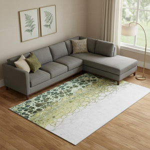 HomeRoots 9' X 12' Olive Green Gold Ivory Abstract Area Rug - Washable, UV Protected, Stain Resistant Design 657082