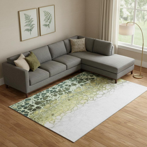 HomeRoots 9' X 12' Olive Green Gold Ivory Abstract Area Rug - Washable, UV Protected, Stain Resistant Design 657082