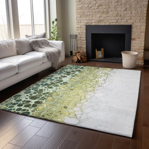 HomeRoots 9' X 12' Olive Green Gold Ivory Abstract Area Rug - Washable, UV Protected, Stain Resistant Design 657082