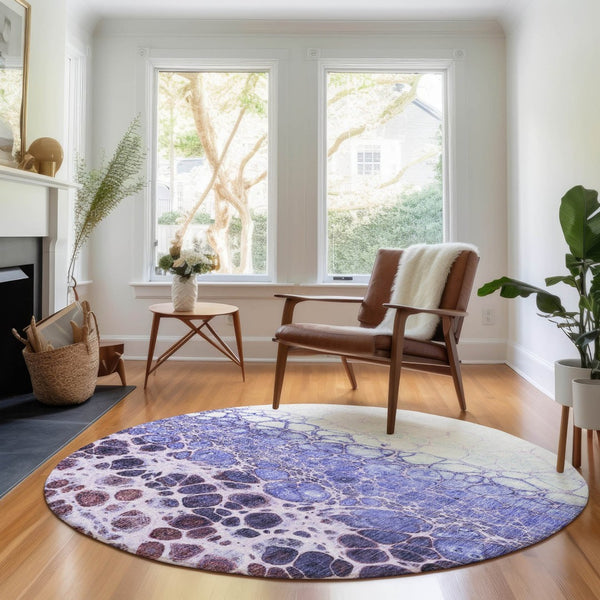HomeRoots 8' Purple And Ivory Abstract Round Rug - Washable, UV Protected, Non-Slip for Modern Living Spaces 657086