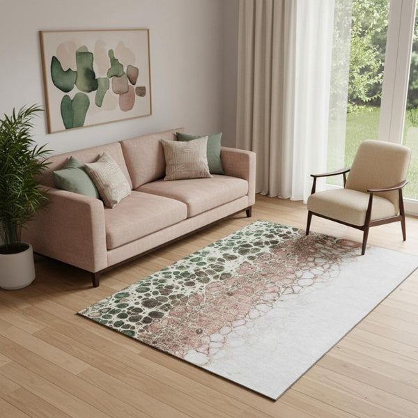 HomeRoots 5' X 8' Washable Salmon Ivory Green Abstract Area Rug with UV Protection for Modern Spaces 657091