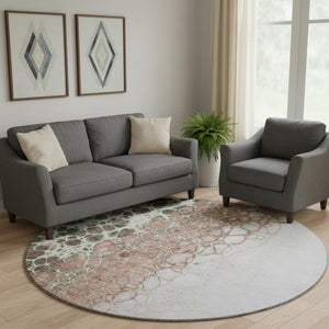 HomeRoots 8' Salmon Ivory and Green Abstract Washable Round Rug – Durable, Stylish, UV-Protected & Easy-Clean! 657092