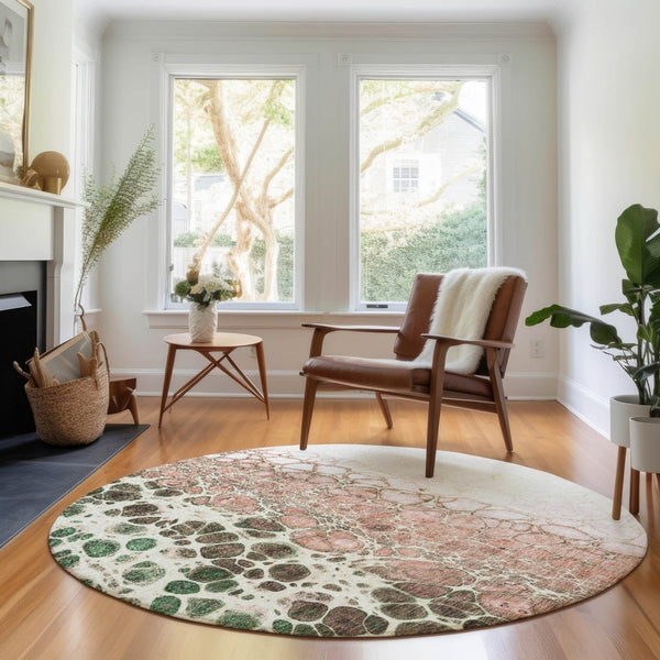 HomeRoots 8' Salmon Ivory and Green Abstract Washable Round Rug – Durable, Stylish, UV-Protected & Easy-Clean! 657092