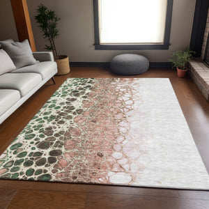 HomeRoots 9' X 12' Salmon Ivory & Green Abstract Washable Area Rug – Durable, UV Protected, Modern Design! 657094