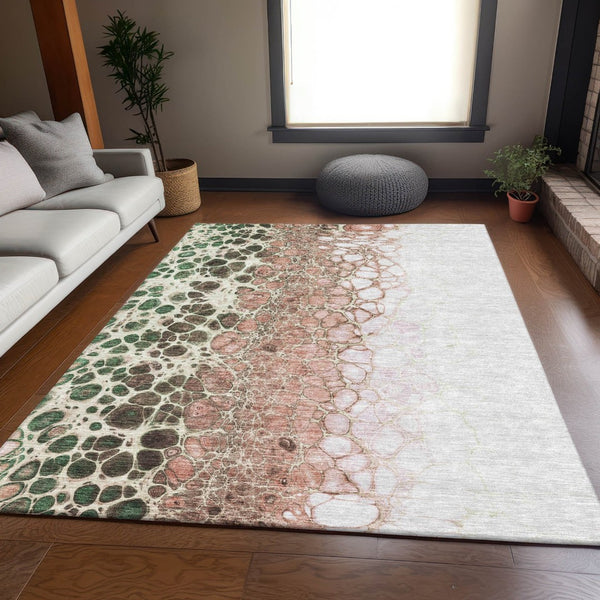 HomeRoots 9' X 12' Salmon Ivory & Green Abstract Washable Area Rug – Durable, UV Protected, Modern Design! 657094