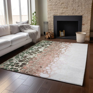 HomeRoots 9' X 12' Salmon Ivory & Green Abstract Washable Area Rug – Durable, UV Protected, Modern Design! 657094