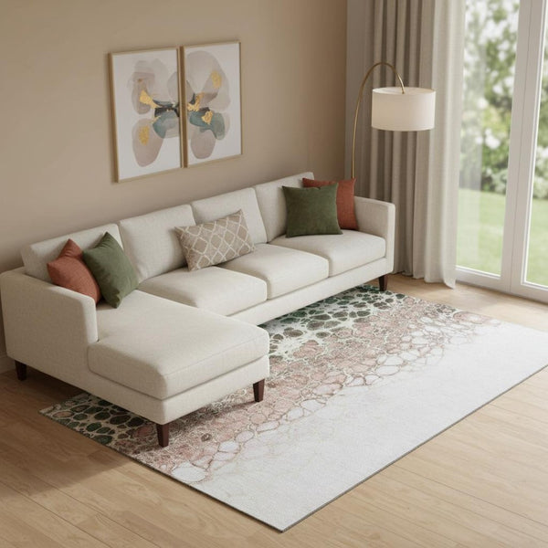 HomeRoots 9' X 12' Salmon Ivory & Green Abstract Washable Area Rug – Durable, UV Protected, Modern Design! 657094