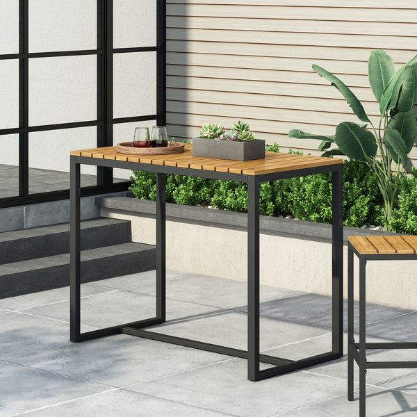 English Elm Christopher Knight Home® - EZRA Outdoor Industrial Acacia Wood Bar Table with Teak Finish and Iron Frame for Stylish Patios Black 70261.00