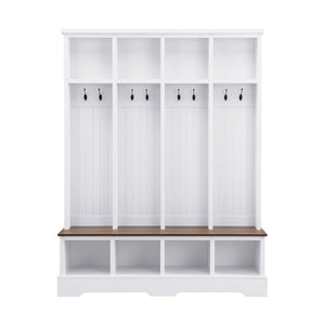 English Elm Farmhouse Hall Tree with Triple Arch Back Panel Eight Hooks Drawers and Entryway Bench White N721S000075K
