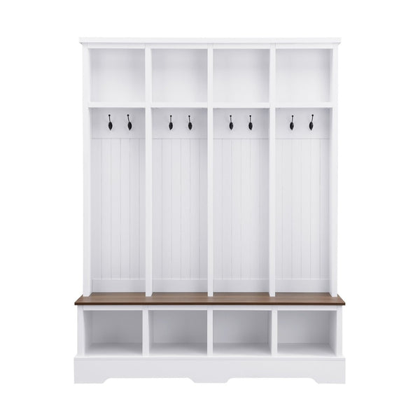 English Elm Farmhouse Hall Tree with Triple Arch Back Panel Eight Hooks Drawers and Entryway Bench White N721S000075K