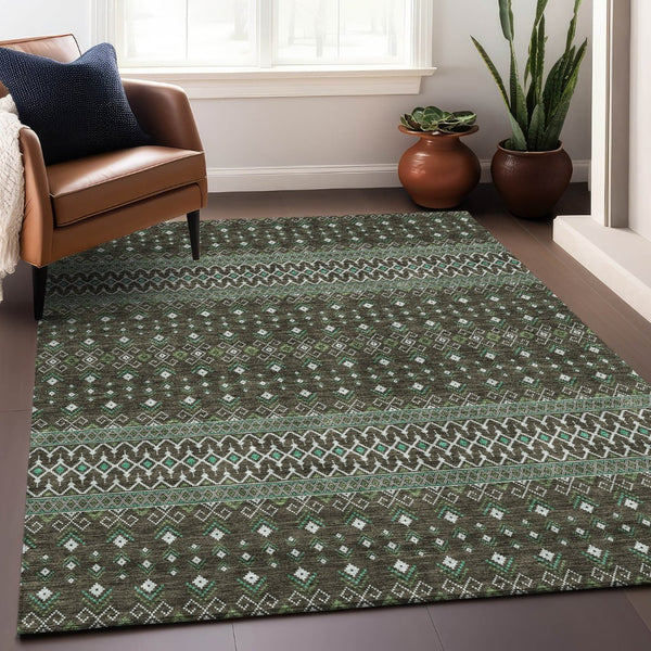 HomeRoots 10' X 14' Brown And Taupe Tribal Area Rug - Washable, UV Protected, Perfect for Busy Homes & Pets 657101