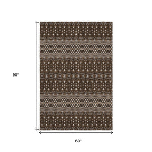 HomeRoots 5' X 8' Chocolate and Ivory Tribal Area Rug - Durable, Stain-Resistant, UV Protected for Homes 657103