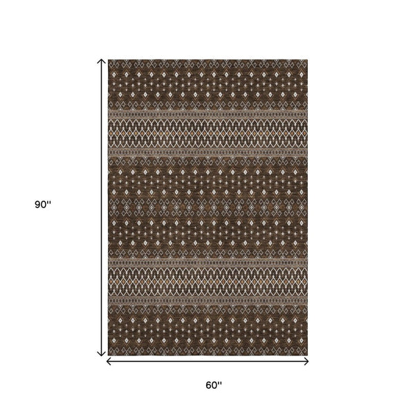HomeRoots 5' X 8' Chocolate and Ivory Tribal Area Rug - Durable, Stain-Resistant, UV Protected for Homes 657103