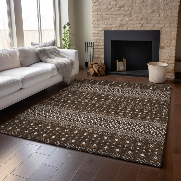 HomeRoots 5' X 8' Chocolate and Ivory Tribal Area Rug - Durable, Stain-Resistant, UV Protected for Homes 657103