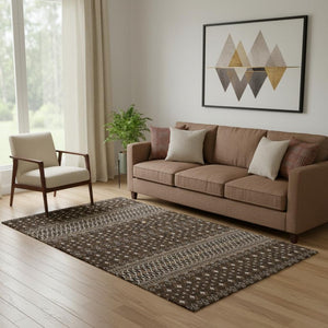 HomeRoots 5' X 8' Chocolate and Ivory Tribal Area Rug - Durable, Stain-Resistant, UV Protected for Homes 657103