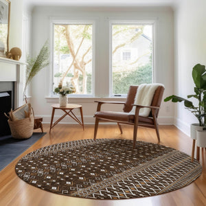 HomeRoots 8' Chocolate and Ivory Tribal Round Rug - Durable, Washable, UV-Protected for High Traffic Areas 657104