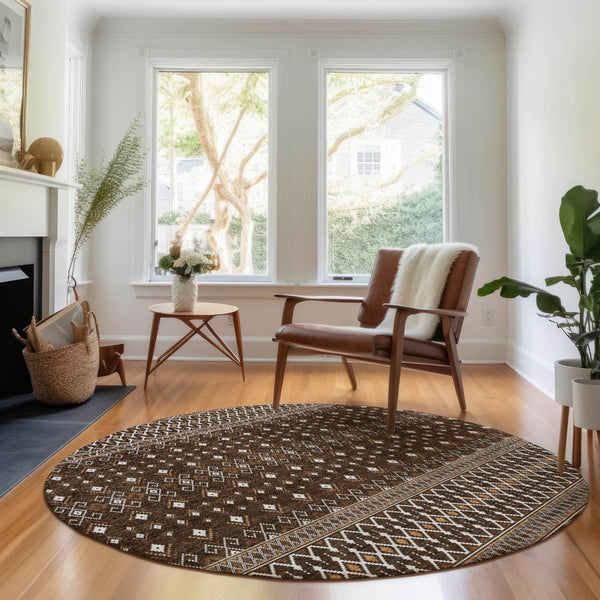 HomeRoots 8' Chocolate and Ivory Tribal Round Rug - Durable, Washable, UV-Protected for High Traffic Areas 657104