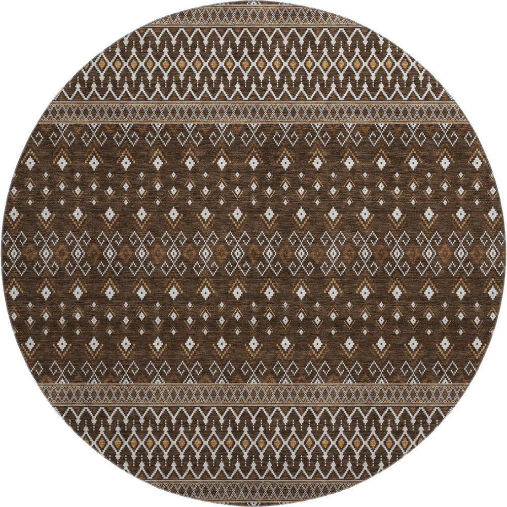 HomeRoots 8' Chocolate and Ivory Tribal Round Rug - Durable, Washable, UV-Protected for High Traffic Areas 657104