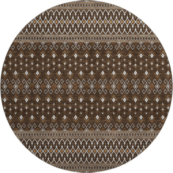 HomeRoots 8' Chocolate and Ivory Tribal Round Rug - Durable, Washable, UV-Protected for High Traffic Areas 657104