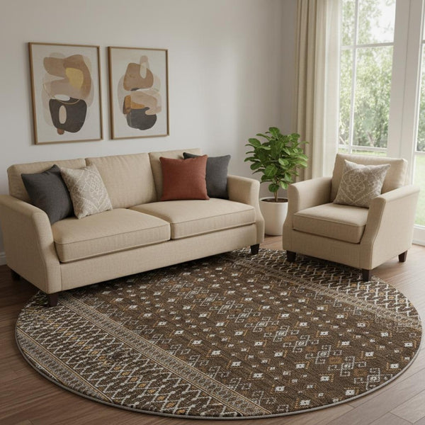 HomeRoots 8' Chocolate and Ivory Tribal Round Rug - Durable, Washable, UV-Protected for High Traffic Areas 657104
