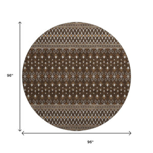HomeRoots 8' Chocolate and Ivory Tribal Round Rug - Durable, Washable, UV-Protected for High Traffic Areas 657104