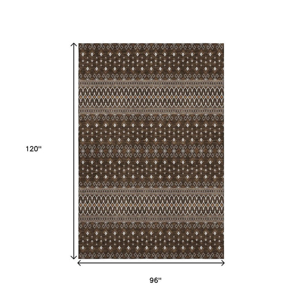 HomeRoots 8' X 10' Chocolate and Ivory Tribal Washable Area Rug - Durable, UV Protected, and Stylish Design! 657105