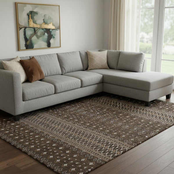 HomeRoots 8' X 10' Chocolate and Ivory Tribal Washable Area Rug - Durable, UV Protected, and Stylish Design! 657105