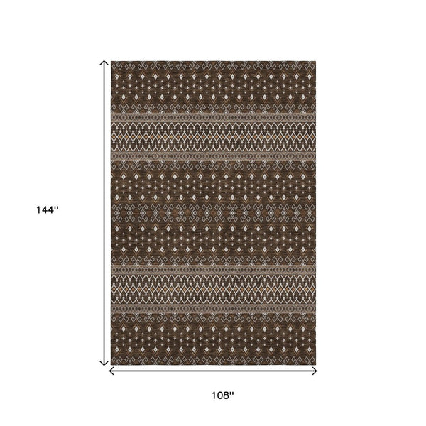HomeRoots 9' X 12' Chocolate & Ivory Tribal Area Rug - Washable, UV-Protected, Stylish & Durable for Homes 657106