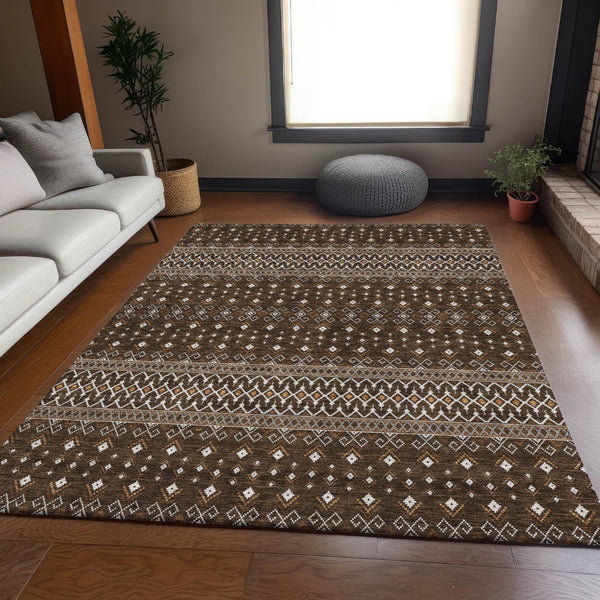 HomeRoots 9' X 12' Chocolate & Ivory Tribal Area Rug - Washable, UV-Protected, Stylish & Durable for Homes 657106
