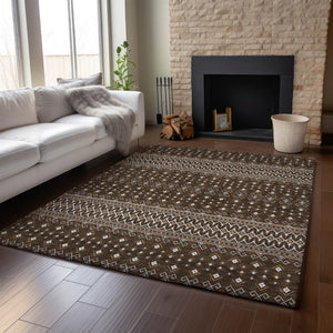 HomeRoots 9' X 12' Chocolate & Ivory Tribal Area Rug - Washable, UV-Protected, Stylish & Durable for Homes 657106