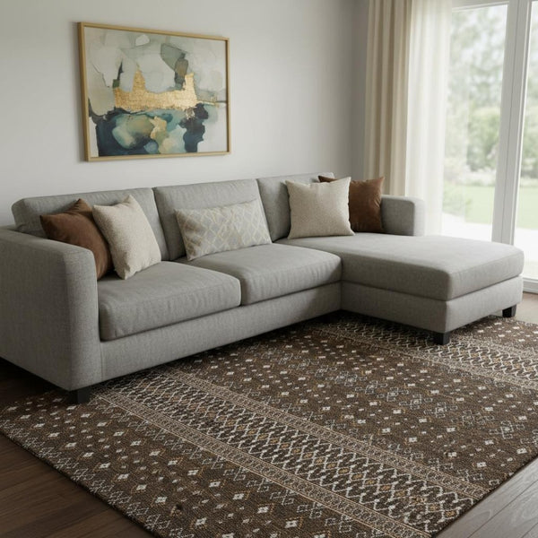 HomeRoots 9' X 12' Chocolate & Ivory Tribal Area Rug - Washable, UV-Protected, Stylish & Durable for Homes 657106