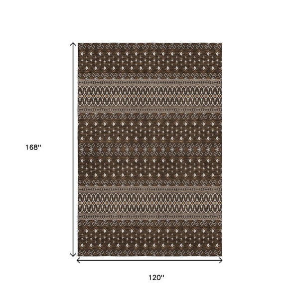 HomeRoots 10' X 14' Chocolate Tribal Area Rug - Stylish, Washable, UV Protected, Durable & Perfect for Busy Homes 657107